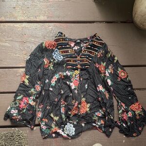 Johnny Was Black Floral Blouse with Colorful Embroidery